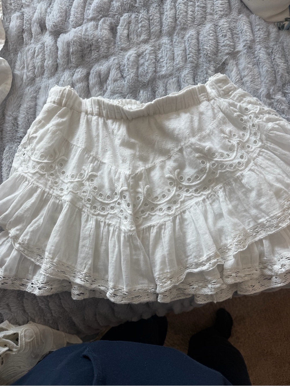 Love shack fancy Boho Eyelet Tiered White Mini Skirt
